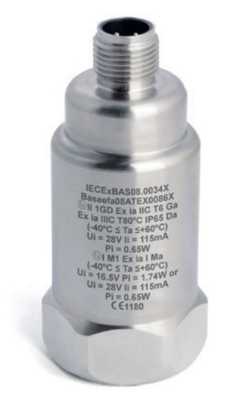 CMCP422VT-M12-IS — 顶部出线本安型 4–20 mA 输出传感器，M12 连接器